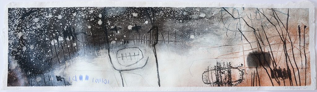 Sein wahres Gesicht – wenn die Hüllen fallen | 2014 | Mischtechnik auf Büttenpapier im Glaskasten | 30 x 80 cm